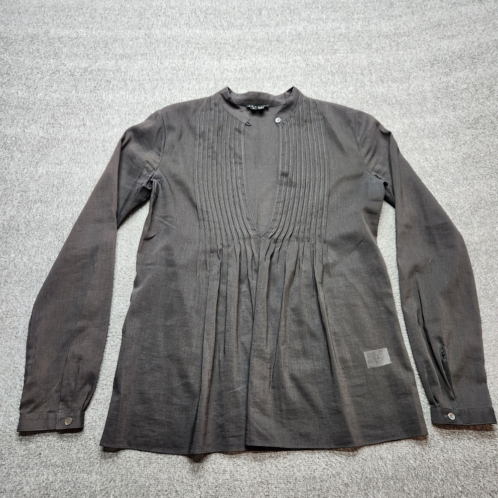 Theory Black Blouse Womens Size P Pleated Pintuck Long Sleeve Top‎